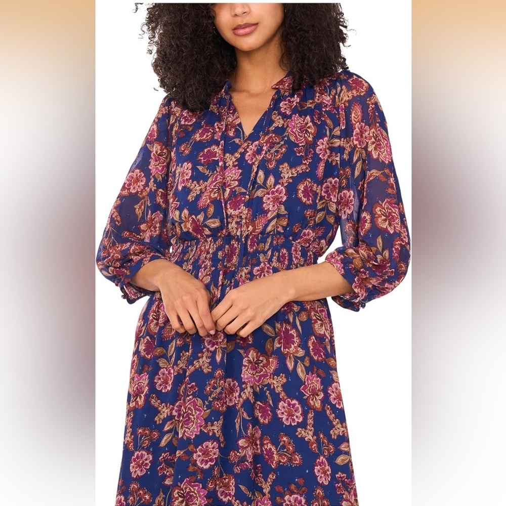 Vince Camuto Womens 3/4 Puff Sleeve Tie Neck Maxi Dress Floral Size L